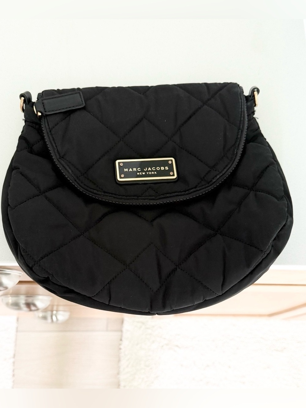 MARC JACOBS Quilted Nylon Messenger Bag in Black with Gold (No Strap)